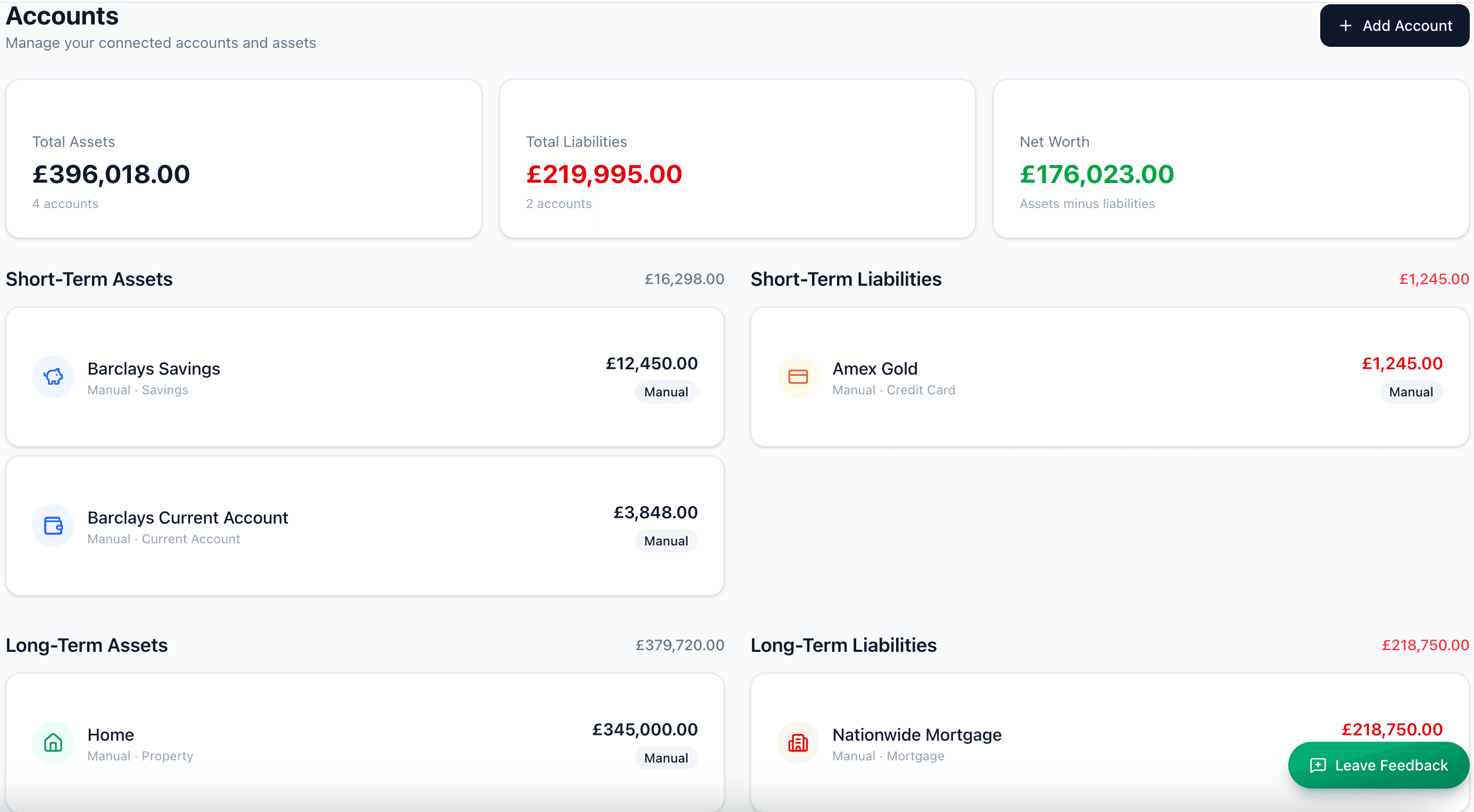Accounts overview with short-term and long-term assets and liabilities